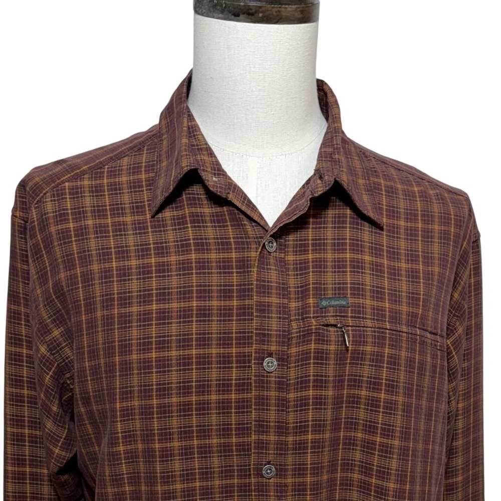 Columbia Shirt Mens Large Brown Plaid Omni-Shield Button Up Long Sleeve Hiking